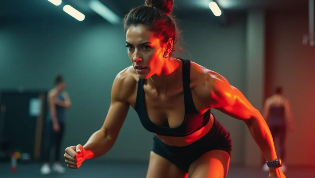 sweaty focused woman red light